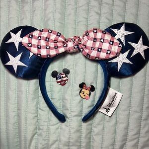 All American 4th of July Minnie Mouse Authentic Ears and two pins